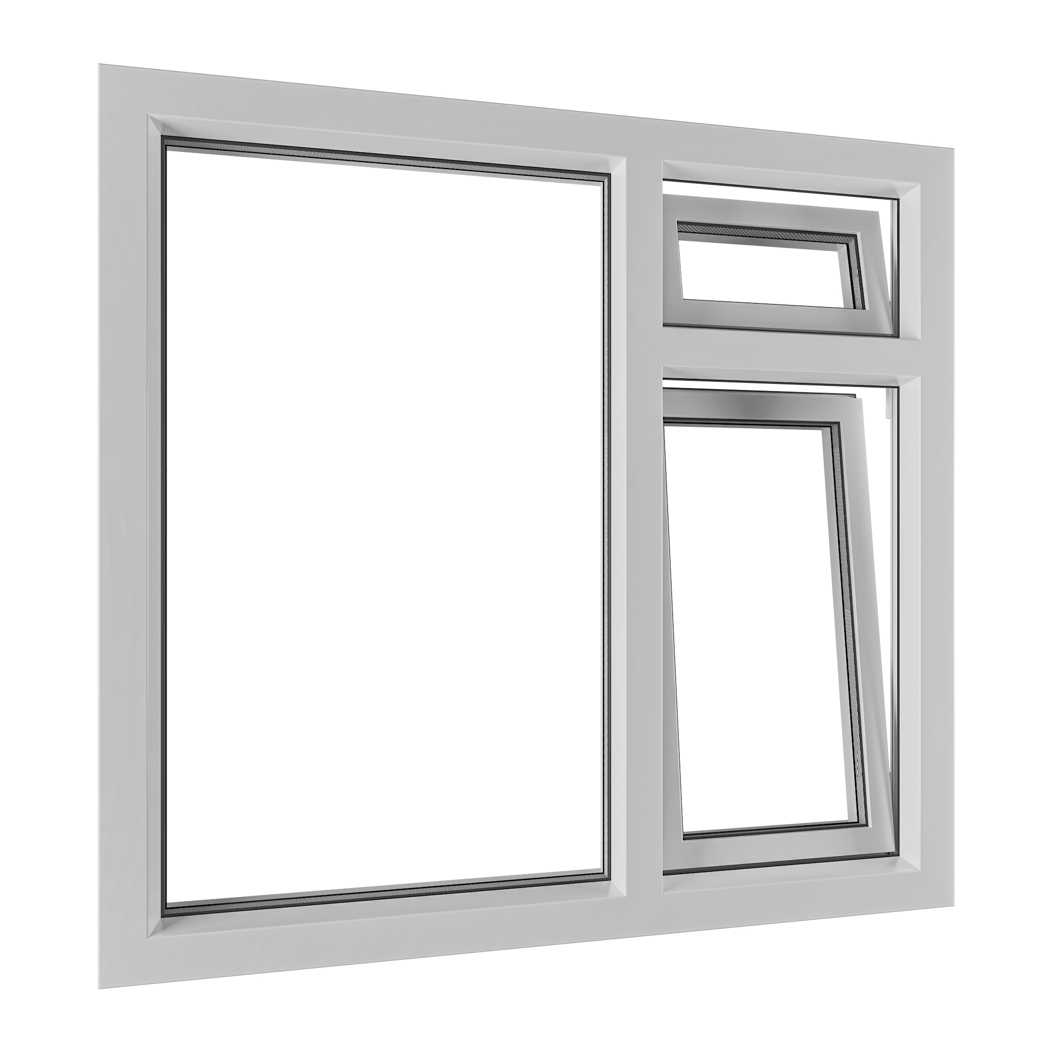 Kunststof draaikiepraam met valraam erboven en vast glasvak ernaast 1 Kunststof draaikiepraam met valraam erboven en vast glasvak ernaast