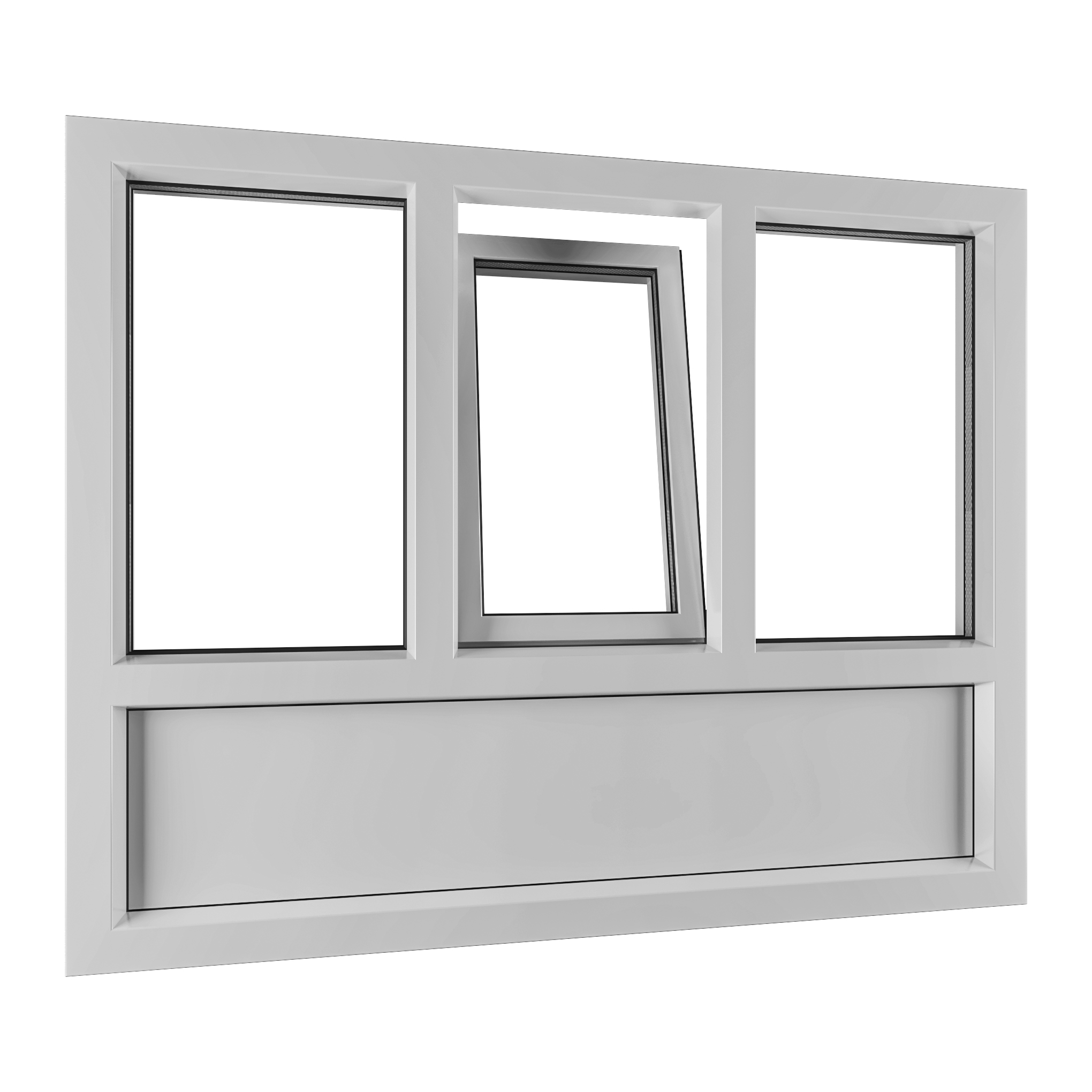 Kunststof draaikiepraam met twee vaste glasvakken en borstwering 1 Kunststof draaikiepraam met twee vaste glasvakken en borstwering