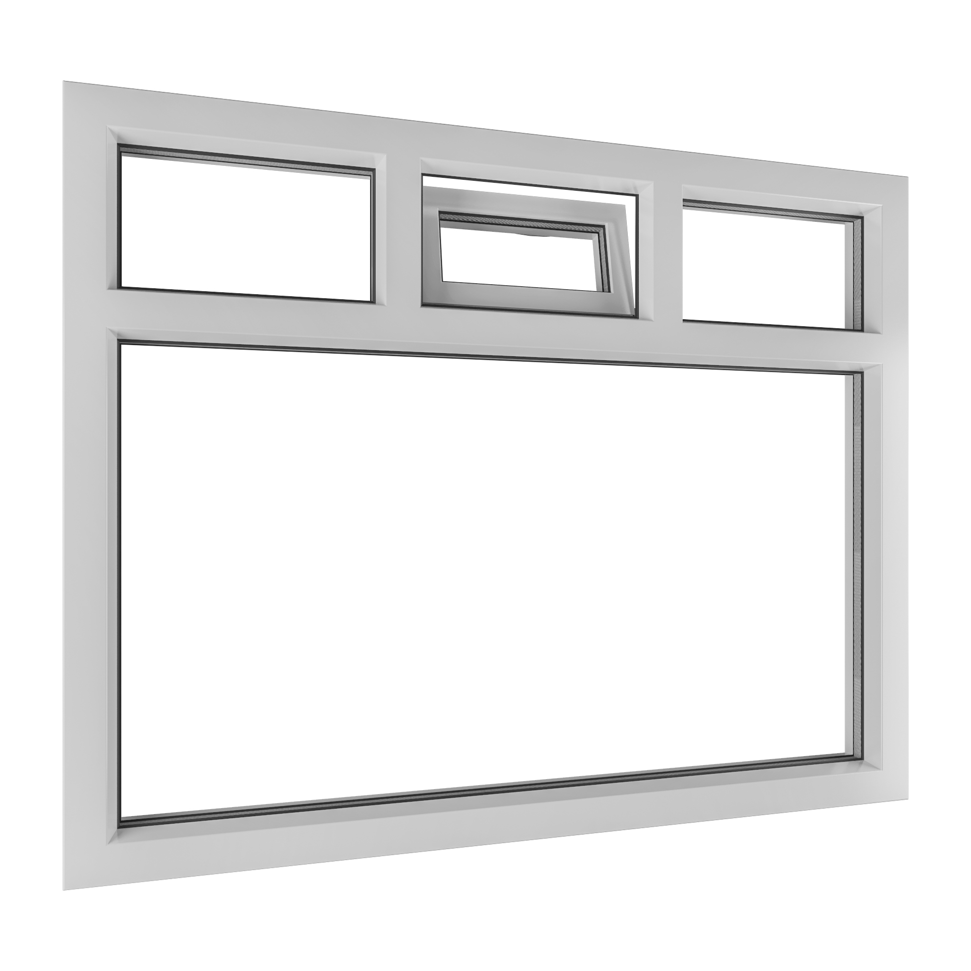 Kunststof vast glaskozijn met twee bovenlichten en valraam in het het midden 1 Kunststof vast glaskozijn met twee bovenlichten en valraam in het het midden